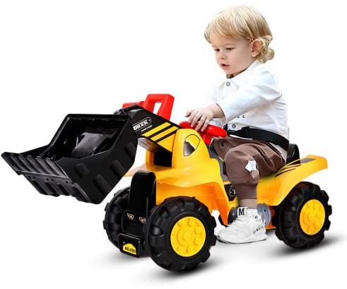 GYMAX Ruspa Cavalcabile Giocattolo per Bambini più di 3 Anni, Escavatore con Spazio di Archiviazione sotto La Sedia, Giallo, 85x45x30 cm