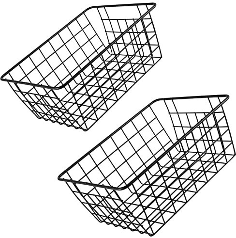 KOHAND 2 Pack 28 x 22 x 12 CM Black Wire Storage Baskets, Metal Iron Storage Bin, Wire Freezer Organizer Bin, Small Pantry Baskets for Food, Snacks, Drinks, Fruits