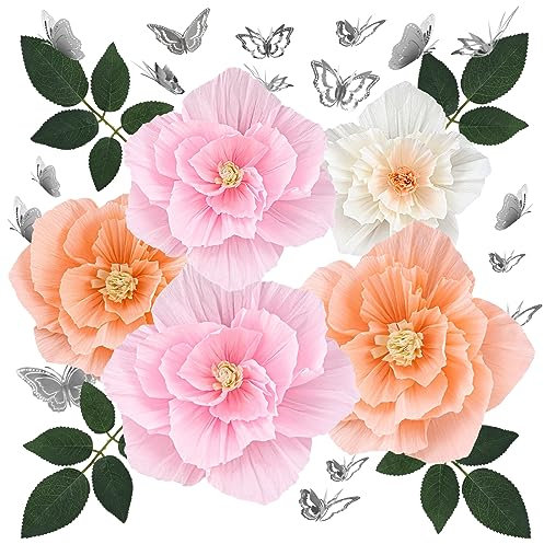 MicButty 5 Stück Papierblumen Wanddekorationen mit Blättern und Schmetterlingen, 3D Papier Blumen für Wand, Hochzeit, Brautparty, Babyparty, Kinderzimmer, Dekoration, Blumenhintergrund, Fotos