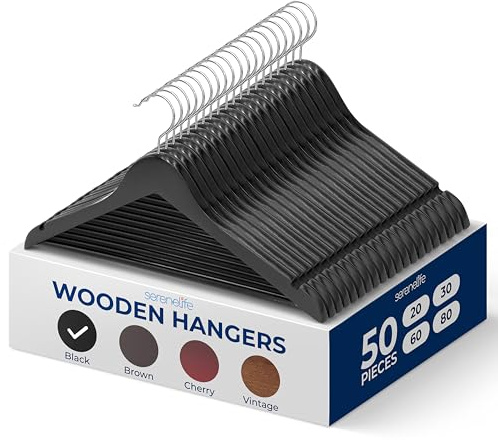 SereneLife Wood Hangers - Space Saving Heavy Duty Slim Suit Clothes Hanger Set with 360 Degree Swivel Metal Hook, Can Hold Up to 10 Lbs. for Coats, Jackets, Pants & Dress (50 Pieces)