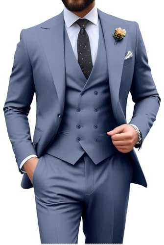 Mens Suit Slim Fit 3 Piece Double Breasted Suit Men Formal Tuxedo Set Casual Wedding Prom Groom Suits, Denim Blue, M