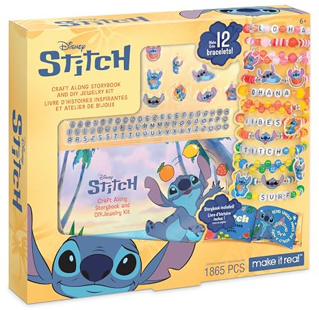 Make It Real: Disney Stitch – Livre d'histoires et kit bijoux DIY – 1865 pièces – Création 12 bracelets ABC et perles, pour filles et enfants à partir de 6 ans