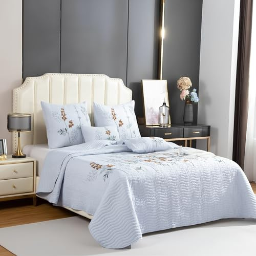 Colcha Boutí Bordada Cama 105 (200x260) para Verano y Entretiempo - 100% Microfibra Suave – Cubrecama Moderno Multiusos Ligero y Transpirable - Incluye 2 Fundas Cojín (1*60x60 + 1*30x50) (Delhi)