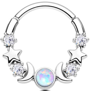 CM Crareesi Mania Moon Star Septum Piercing Jewellery Silver 16G Septum Rings with Opal 316L Stainless Steel Helix Daith Earring for Women