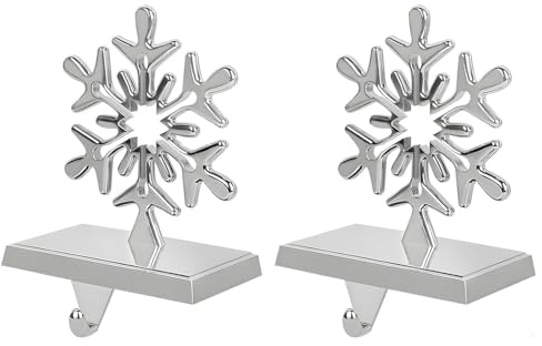 LATERN 2 Piezas 3D Copo de Nieve Soporte para Calcetines Navideños, 17CM x 12CM Metal Antideslizante Gancho de Regalo para Navidad Chimenea Repisa Ventana Hogar Navideña Fiesta Decoración (Plateado)