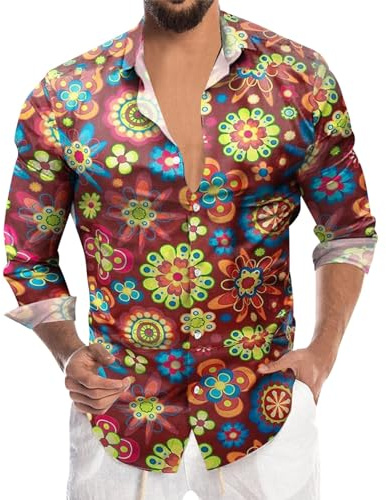 Camiseta de manga larga para hombre, colorida, estilo hippie de los 70, floral, arcoíris, retro, flores, hawaiana, para hombre, casual, camiseta hawaiana, fiesta, camisas callejeras, estampado Paisley