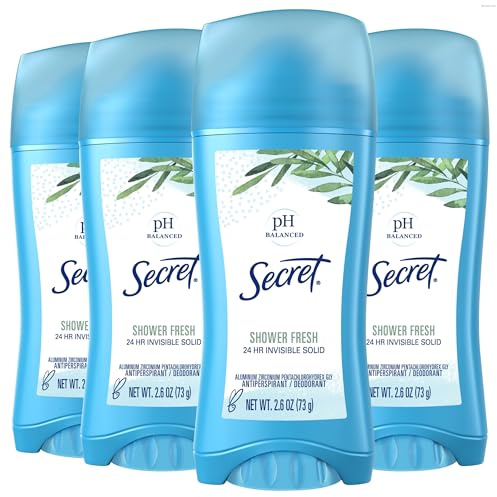 Secret Antiperspirant and Deodorant for Women, 24hr Sweat & Odor Protection, PH Balanced Protection, Gentle on Skin, Invisible Solid, Shower Fresh Scent, 2.6 oz (Pack of 4)