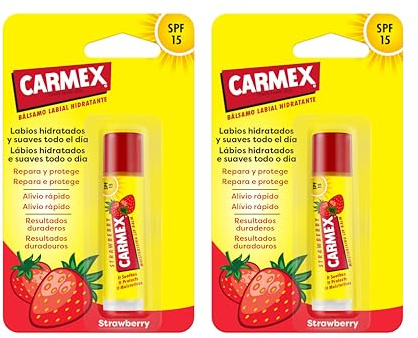 Carmex Bálsamo Labial SPF15, Pack Duplo Click Stick Fresa, 4,25g x 2 uds.