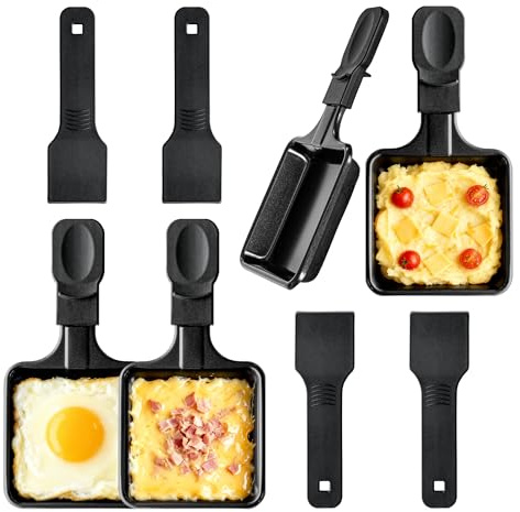 Kosmosta Juego de 4 Sartenes Raclette Cuadradas con 4 Espátulas de Nylon, Bandejas de Hierro Antiadherentes, Placas de Repuesto para Parrilla Raclette