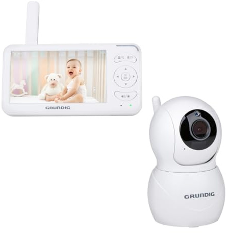 Grundig Baby Monitor con Telecamera - Baby Monitor Video e Audio con Schermo 5 Pollici - Visione Notturna e Audio Bidirezionale - Controllo Temperatura - Zoom Pan Tilt - Bianco