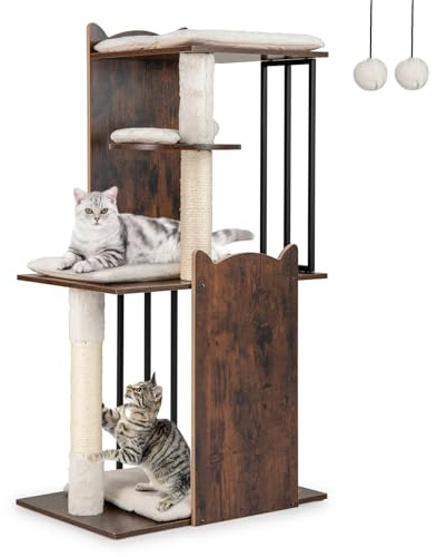 COSTWAY Árbol Rascador para Gato de Madera de 112 cm, Torre Rascador para Gatos con Postes Rascadores de Sisal, Bolas Colgantes, Cojines de Felpa Extraíbles y Lavables, Mueble para Gato de 3 Niveles