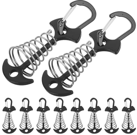 HANABASS Estacas para Tienda de Campaña de Aluminio en Forma de Espina de Pescado, 10 Unidades Negras con Mosquetones, Anclajes Resistentes al Viento para Camping y Senderismo, Tensor