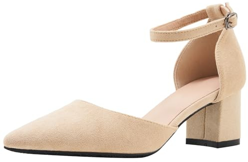 Décolleté con Tacco A Blocco Punta Affilata Cinturino Posteriore da Donna per Ricevimento Matrimonio Ed Eventi Serali Tomaia PU Suola Gomma,Apricot(Heel:5cm),36 EU
