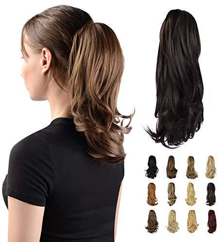 Sofeiyan 33cm Pferdeschwanzverlängerung Langer lockiger Pferdeschwanz Clip in Klaue Haarverlängerung Natürlich aussehendes synthetisches Haarteil für Frauen, Dunkelstes Braun neigt zu Schwarz