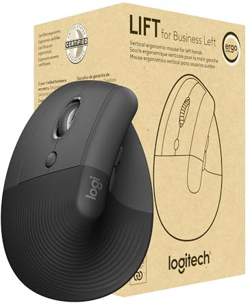 Logitech Lift for Business Left, vertikale ergonomische Maus – für Linkshänder, kabellos, Bluetooth oder gesicherter Logi Bolt USB, leise Klicks, Windows/Mac/Chrome/Linux – Grafit, Small, 910-006495