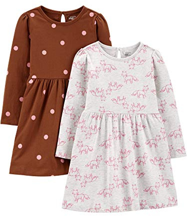 Simple Joys by Carter's Ensemble de Robe à Manches Longues Bébé Fille, Lot de 2, Brun Points/Gris Chiné Renard, 12 Mois
