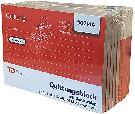 10 Quittungsblöcke 2x40 Blatt A6 mit Durchschlag und Durchschreibschutz MWST ausgewiesen