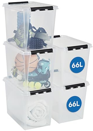 SmartStore 66L Large Plastic Storage Boxes with Lid, 5 Pack, Reinforced, Clear, 10 Year Guarantee, Food Safe, Clip Locked, Stackable and Nestable, BPA Free, L59 x W39 x H43cm