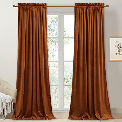 StangH Burnt Orange Velvet Curtains 96 inches Long, Fall Curtains Terracotta Living Room Light Blocking Privacy Window Drapes for Patio Sliding Door/Dining Room, W52 x L96, 2 Panels