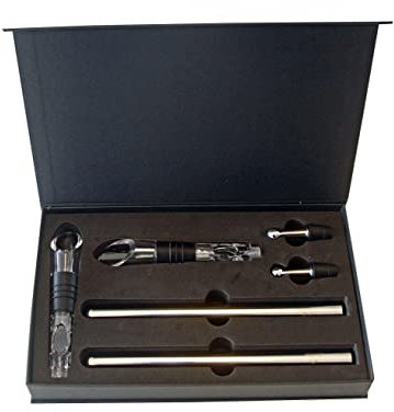 Enfriador de vino por varilla de acero inox, con aireador y decantador antigoteo con tapón. Kit de 2 juegos en elegante caja negra con cierre por imanes. Regalo elegante, sofisticado y original.