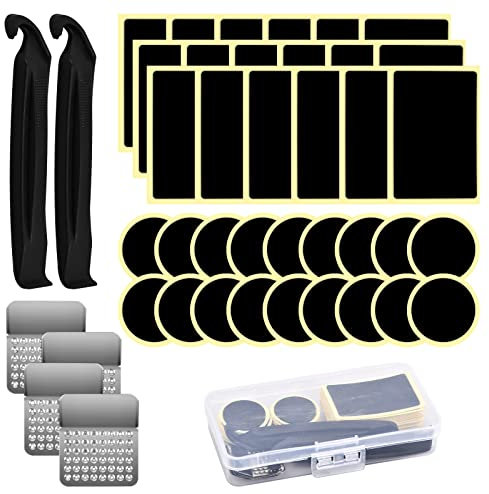 42 Stück Fahrrad Flickzeug Set, Fahrrad Reifenflickzeug mit 2 STK Reifenhebern, 36 STK Selbstklebendefahrrad Reparatur Patches, 4 STK Fahrrad Metallraspeln und Box Für MTB, Mountainbike-Schlauch