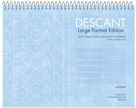 ROARING SPRING Descant Spiral Music Notebook, Unique Staff & Wide Ruled Multi-Format Manuscript, 11 x 8.5 64 Pages, Top Bound, Heavy 20lb White Paper