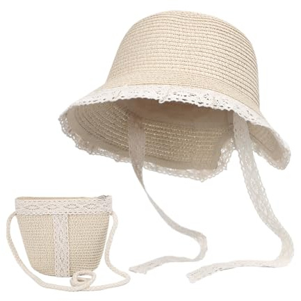 JIAHG Chapeau de Paille Fille 2-5 Ans été Chapeau de Soleil en Dentelle avec Cordon Coupe-Vent pour Voyage Plage Camping Capeline en Paille Respirant Protection Solaire Bob avec Petit Sac