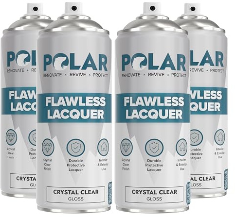 Polar Flawless Lacquer Spray - Protective Coating for Wood, Ceramic, Glass, Plastic & Metal - Scratch Resistant & UV Protection - Primer for DIY, Interior & Exterior - Gloss Finish - Clear - 4x400ml