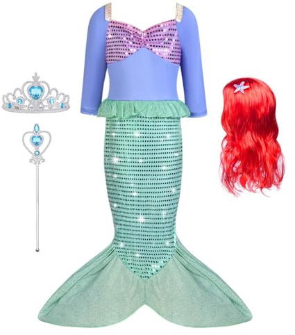 AUYAO Sjöjungfru prinsessa fin utklädningsdräkt, sjöjungfru prinsessa fin utklädnad kostym med tillbehör och peruk, små sjöjungfrukostymer för flickor, flickor, halloween, cosplay, sjöjungfru