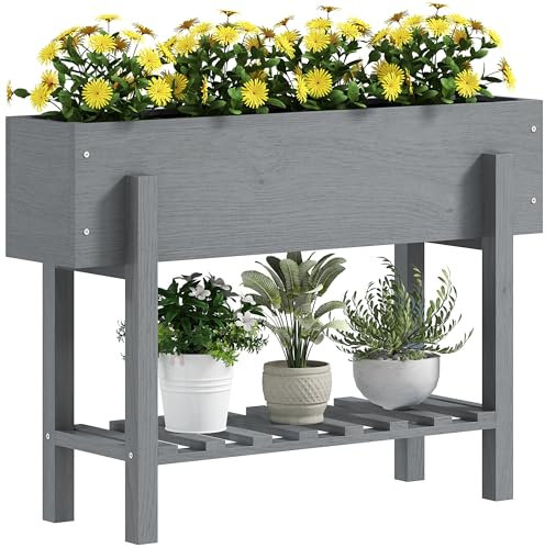 Outsunny Letto per Orto Rialzato 35L con Ripiano Porta Attrezzi e 2 Fori di Drenaggio, Fioriera Rialzata da Esterno in Legno di Abete, per Piante, Fiori e Verdure, 100x30x70.5 cm, Grigio