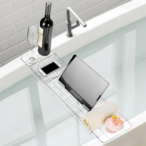 QWORK® Expandable Bathtub Tray, Bathtub Storage Rack Transparent, Retractable 22.3 to 31.8 for Bathtub & Kitchen Sink