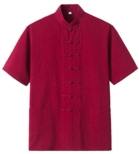 OLSKFUH Tang-Anzug, Kurzes Hemd Für Herren, Hanfu, Traditionelle Chinesische Kung-Fu-Kleidung, Baumwoll-Leinen, Taichi-Kampfsportanzug,Red-3X-Large