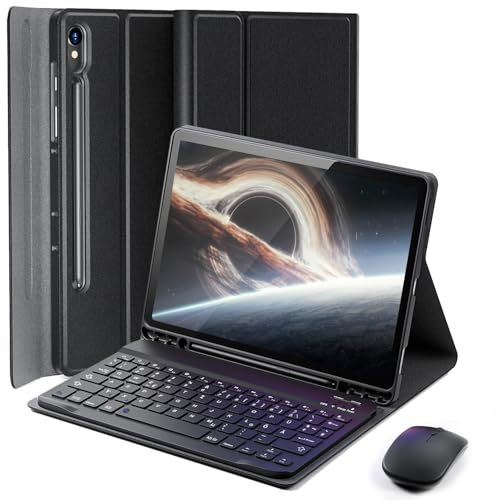 für Samsung Galaxy Tab S10+ Plus / S9+ Plus / S9 FE+ Plus / S8+ Plus / S7 FE / S7+ Plus Generation Hülle 12,4 Zoll mit Bluetooth kabellose Deutsche Tastatur (QWERTZ) und Maus Keyboard case Schwarz