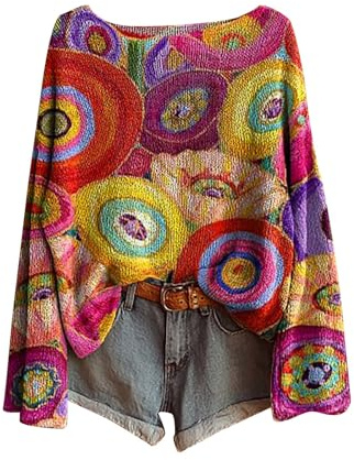 Pulls, Gilets Et Sweats Femme Vintage Imprimé Floral Bohème Pull Over Tricoté Chic Col Rond Manche Longue Sweater À Motif Hauts Oversize Elástique Vetement Femme Basique