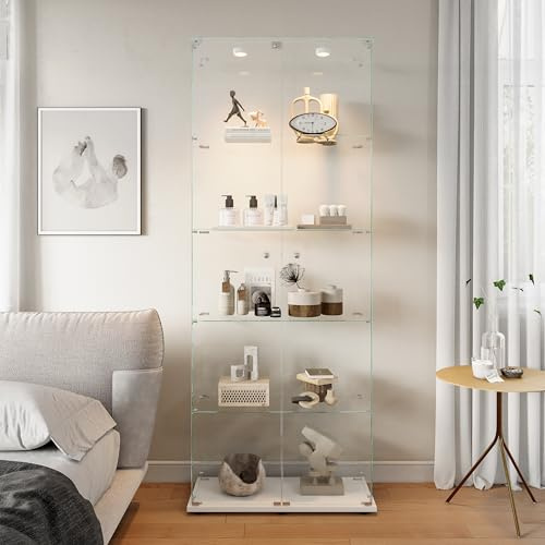 MIOOSUT Vetrina in vetro, armadio da collezione moderno in vetro a 5 strati, con luce LED multicolore, vetrina da collezione, per artigianato, soggiorno, libri (bianco-A, 2 ante, 5 piani)