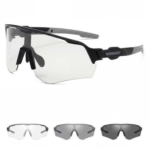 MinXin Lunette de Cyclisme Photochromique, Lunette Velo Homme, Lunette Running Femme, Protection UV400, Lunettes Velo, Lunettes de Soleil de Sport Homme Femme pour Pêche/Sports Outdoor(Noir)