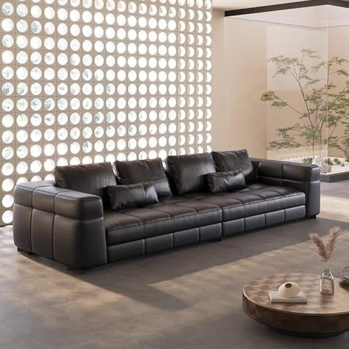 Italiensk lyxig enkel svart lädersoffa, massiv träram, rymlig och mjuk soffa, modern stor storlek, lämplig för vardagsrum/kontor/lägenhet/villa.