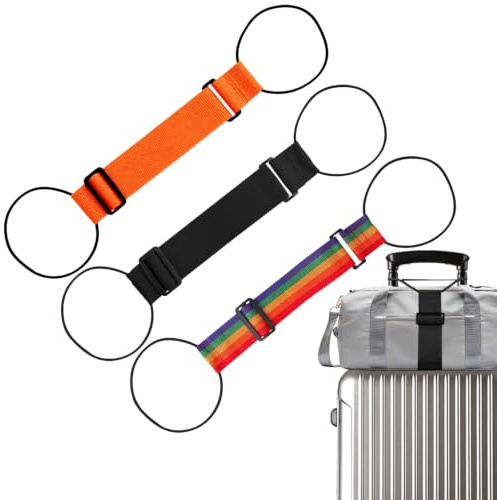 Juego de 3 Correas Ajustables para Equipaje, Cinturones Elásticos de Maleta Tipo Bungee para Enganchar Bolsas Adicionales, Accesorios de Viaje Duraderos (Negro + Arcoíris + Naranja)