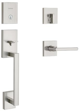 Kwikset 98180-002 San Clemente Single Cylinder Low Profile Handleset Front Door Lock with Halifax Lever Featuring SmartKey Security in Satin Nickel, Keyed Entry