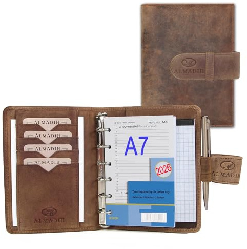 ALMADIH Leder A7 Terminplaner Kalender 2026 Notizblock Premium Rindsleder BV Geschenkbox Ledermappe Mappe Schreibmappe Organizer Terminkalender Ringbuch Pocket Kompakt braun (A7 Term vintage)