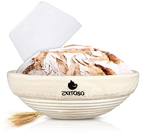 Exitoso Gärkörbchen rund 1kg aus Peddigrohr Ø25cm - Beige inkl. (E-Book Rezept, Leinentuch) - Brot backen mit Gärkörbchen Set - Gärkorb rund Banneton Brotbackzubehör Gärform - Garkörbe Brot Brotbacken