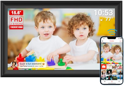 15.6inch FRAMEO Digital Photo Frame with 1920x1080 FHD IPS LCD Touch Screen, Dual-WiFi Share Photos & Videos Via Frameo App, Support USB Drive/SD Card Extend Storage, Auto-Rotate
