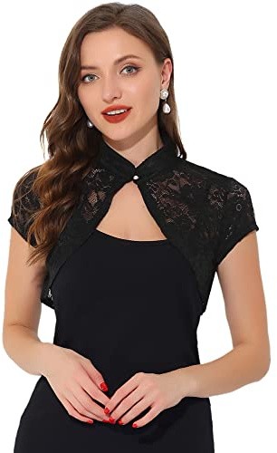 Allegra K Women's Lace Cardigan Stand Collar Short Bolero Shrug Black
