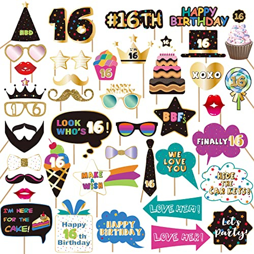 BRT Bearingshui Sweet 16 Photo Booth Props Accessories, Birthday Party Decoration, 40pcs Cardstock Photo Booth Props Kit with Sticks & Adhesive Pads