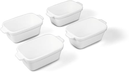 Souper Cubes Stoneware - Small Ceramic 5 x 3 Baking Dish with Silicone Covers, Small Baking Dishes for Oven Perfect for Reheating Single Serve Portions, Set of 4 - White