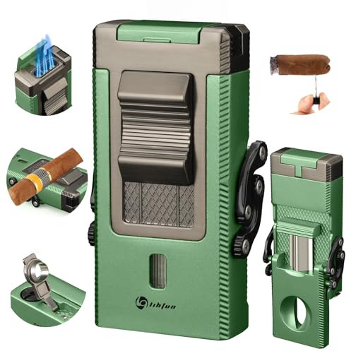 LIHTUN Zigarrenanzünder, All-in-One-Fackelfeuerzeug, integrierter Zigarrenhalter, Zigarrenzugverstärker, Zigarrenstanzer, Butanfeuerzeug mit klappbarem V-förmigem Zigarrenschneider (Grün)