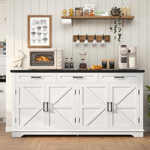 usikey 61” Large Sideboard Buffet Cabinet with 4 Doors and 3 Drawers, Farmhouse Buffet Table, Dining Room Storage Cabinet for Kitchen or Living Room, White