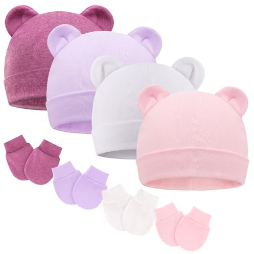 DRESHOW Bonnets de Naissance et Moufles de Protection Bébé Gants Bonnet Nouveau-né Bambin Doux Mignon Tricoté Chapeau 0-6 Mois, Taille Unique