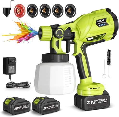 VOERJIA Pistolet à Peinture sans Fil 21V, Pulvérisateur de Peinture HVLP 850W avec 2×4.0Ah Batterie, Réservoir 1000ML, 5 Buses, 3 Modes, pour Murs, Meubles, Clôtures, Intérieur/Extérieur