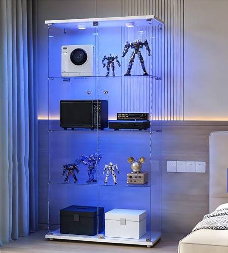 Teahutty Vetrina in vetro con 4 Strati, 2Porta e Serratura, Vetrinetta Espositiva 7colori LED, vetrina autoportante in vetro, Vetrina Moderna per oggetti da collezione